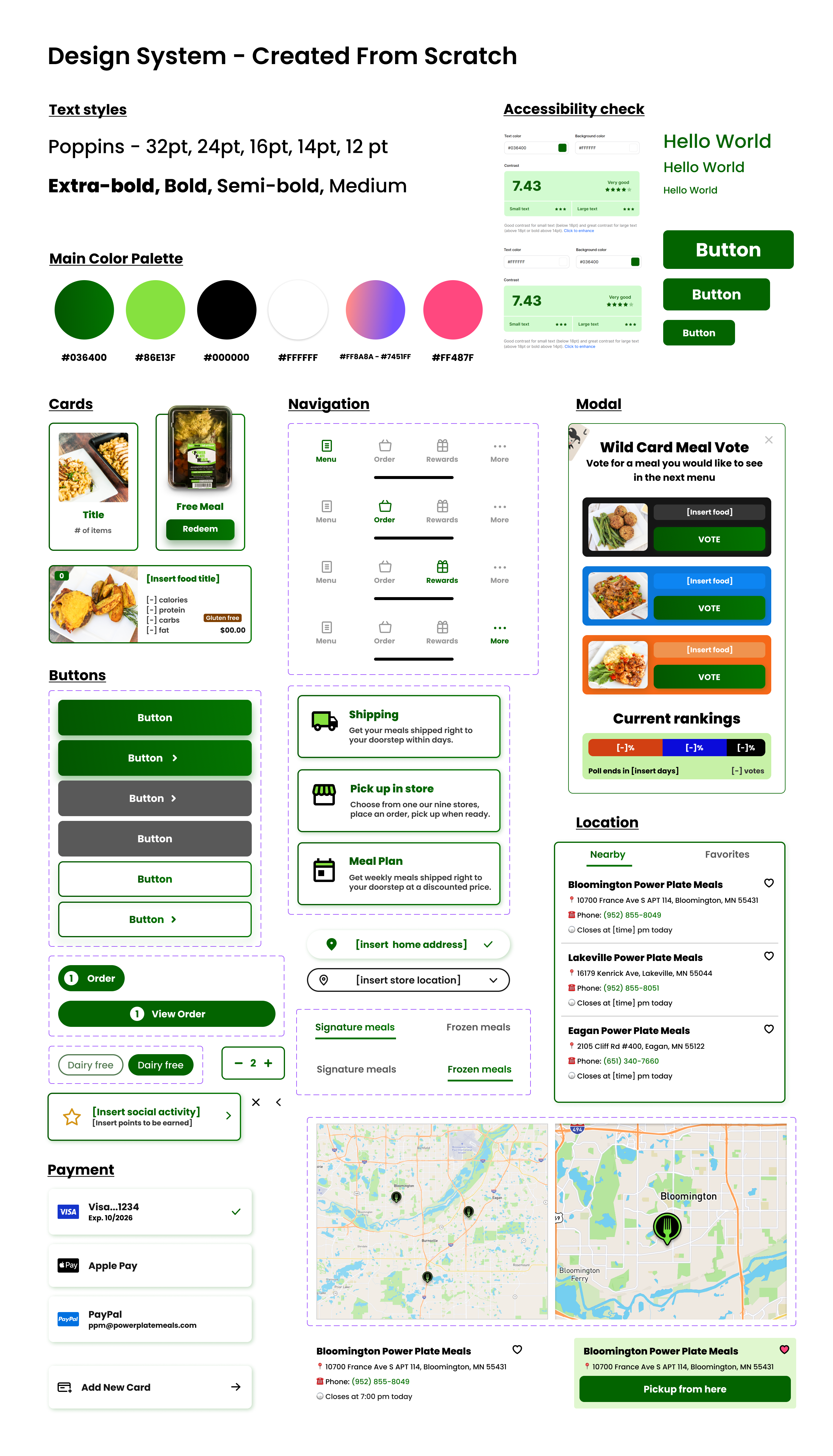 The typography, colors, buttons, and assets used to create the Power Plate Meals figma prototype